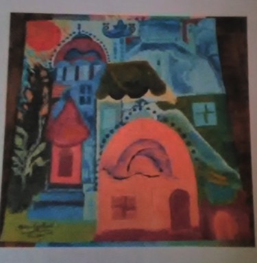 Peinture intitulée "le village" par Farhat Boudokhane, Œuvre d'art originale, Huile