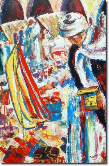 Painting titled "souk traditionnel" by Boujemaa Settih, Original Artwork, Oil