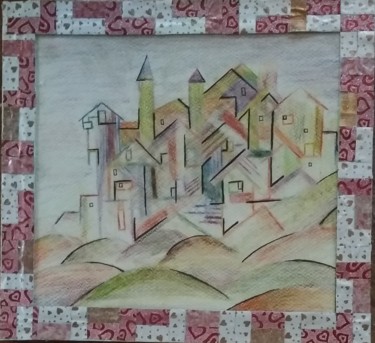 Painting titled "Le village imaginai…" by Greensleeves, Original Artwork, Pencil Mounted on Cardboard