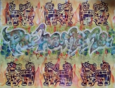 제목이 "Adios Pachamama"인 미술작품 Greensleeves로, 원작, 에어 브러시 판지에 장착됨