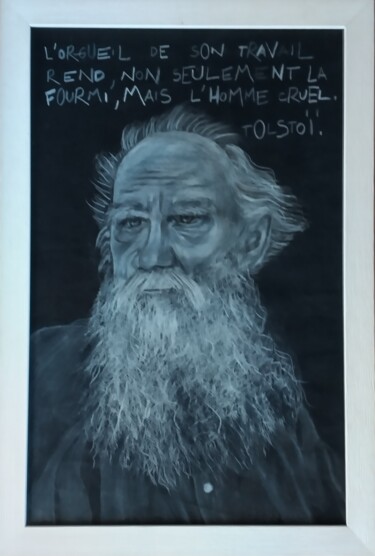 Painting titled "Tolstoï" by Greensleeves, Original Artwork, Conté Mounted on Cardboard