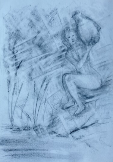Drawing titled "Fille à la cruche" by Greensleeves, Original Artwork, Pencil