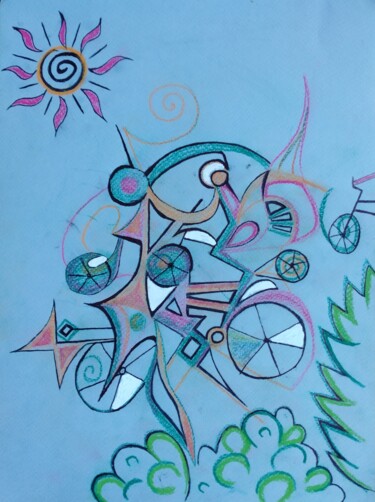 Painting titled "Les cyclistes" by Greensleeves, Original Artwork, Conté