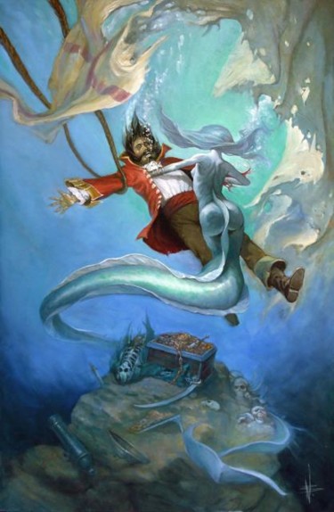 Painting titled "mermaid and pirate" by Nicolas Bournay, Original Artwork, Oil