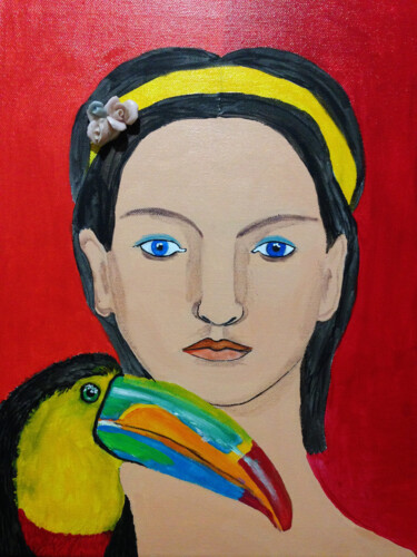 Portrait de femme avec Toucan Frida Kahlo art moderne Peinture intitulée "Portrait de femme a…" par Yvelise Séraphin, Œuvre d'art originale, Acrylique