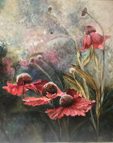Painting titled "Les Marguerites ros…" by Géraldine Viano, Original Artwork, Oil Mounted on Wood Stretcher frame
