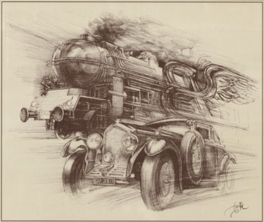 Desenho intitulada "The Blue Train Race" por Boyan Yanev, Obras de arte originais, Tinta