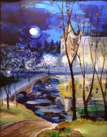 Peinture intitulée "Ночной пейзаж" par Elena Boyarintseva, Œuvre d'art originale, Acrylique