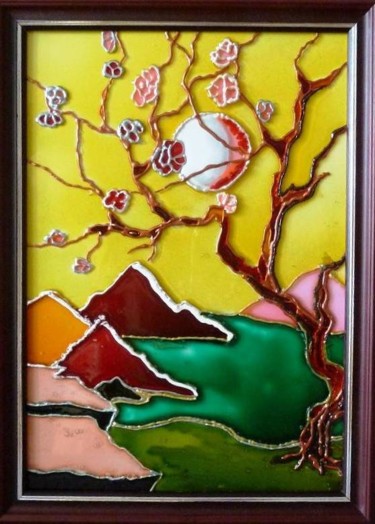 Painting titled "Сакура" by Elena Boyarintseva, Original Artwork, Stained glass painting Mounted on Glass