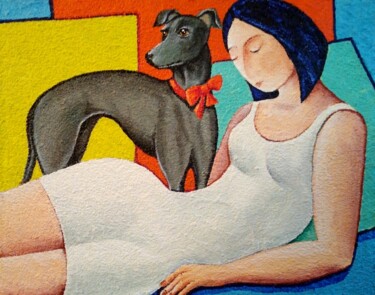 Картина под названием "Девушка с левреткой" - Elena Boyarintseva, Подлинное произведение искусства, Акрил Установлен на Дере…