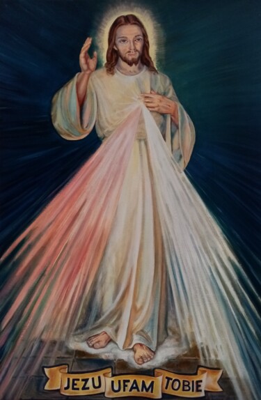 Painting titled "PAN JEZUS MILOSIERN…" by Bozena  D G, Original Artwork, Oil