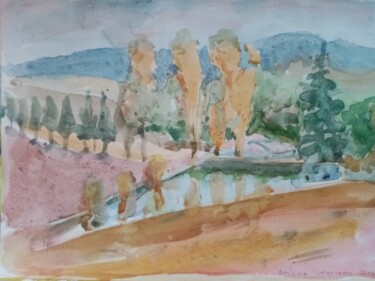 Peinture intitulée "PEJZAZ Z TROJKATNYM…" par Bozena  D G, Œuvre d'art originale, Aquarelle