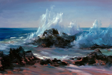 Painting titled "Waves Crashing on t…" by Bozhena Fuchs, Original Artwork, Oil Mounted on Wood Stretcher frame