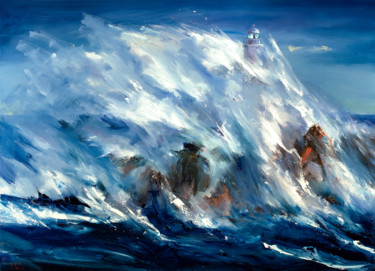 Painting titled "The Lighthouse" by Bozhena Fuchs, Original Artwork, Oil Mounted on Wood Stretcher frame
