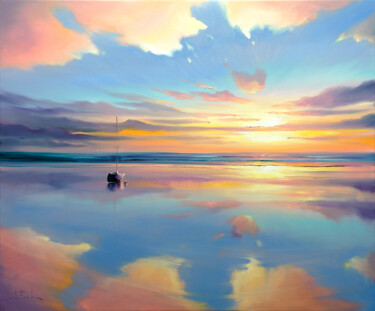 Painting titled "Where Sky Meets Wat…" by Bozhena Fuchs, Original Artwork, Oil Mounted on Wood Stretcher frame