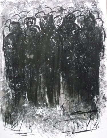 Dessin intitulée "FOULE dans la brume…" par Bozoc, Œuvre d'art originale, Encre