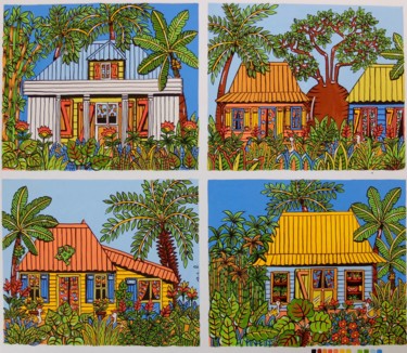4 petites cases créoles 2- ACL 425 Peinture intitulée "4 petites cases cré…" par Anne-Catherine Levieux (Nuances de Gouaches), Œuvre d'art originale, Gouache