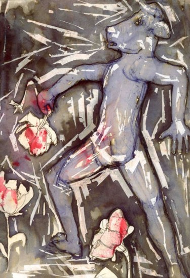 Peinture intitulée "Minotaure à la fleur" par Richard Brachais, Œuvre d'art originale, Huile
