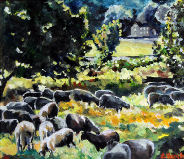 Pittura intitolato "troupeau de mouton" da Pascal Brachet, Opera d'arte originale, Olio