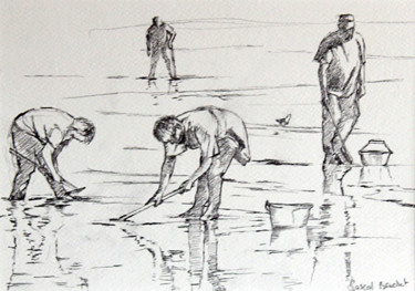 Dessin intitulée "La pêche à pieds" par Pascal Brachet, Œuvre d'art originale, Crayon