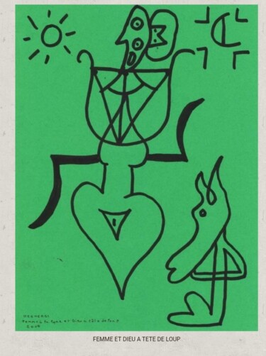 Disegno intitolato "Femme à la lyre et…" da Brahim Megherbi, Opera d'arte originale, Pennarello