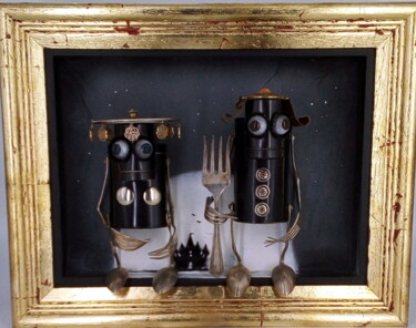 Sculpture titled "2 bots* 3d wall art…" by Branimir Misic, Original Artwork, Metals Mounted on Wood Panel