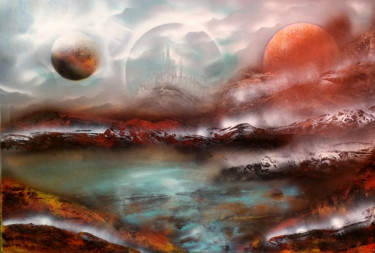 Painting titled "Space City" by Beate Braß, Original Artwork, Acrylic