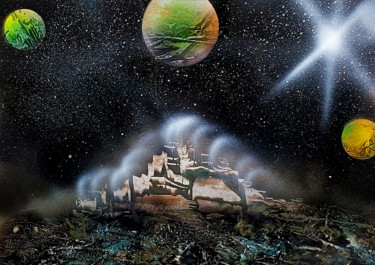 Painting titled "Space City" by Beate Braß, Original Artwork, Acrylic
