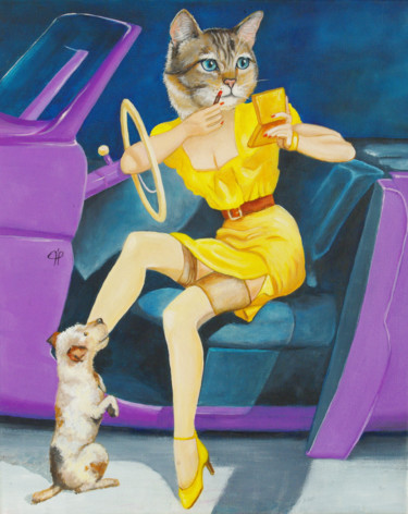 Malerei mit dem Titel "Les chattes en foli…" von Brataine, Original-Kunstwerk, Öl