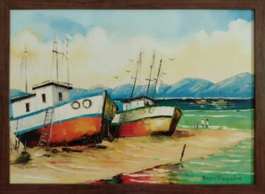 Pittura intitolato "Barcos na Areia" da Breno Chieppe Traspadini, Opera d'arte originale, Olio Montato su Pannello di legno