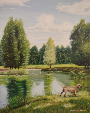 Painting titled "Cão à beira do lago" by Breno Chieppe Traspadini, Original Artwork, Oil Mounted on Wood Panel