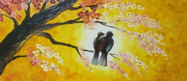 Peinture intitulée "Pássaros na Cerejei…" par Breno Chieppe Traspadini, Œuvre d'art originale, Huile Monté sur Panneau de bo…