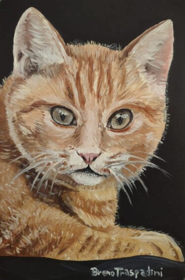 Painting titled "Um Gato" by Breno Chieppe Traspadini, Original Artwork, Oil Mounted on Wood Stretcher frame