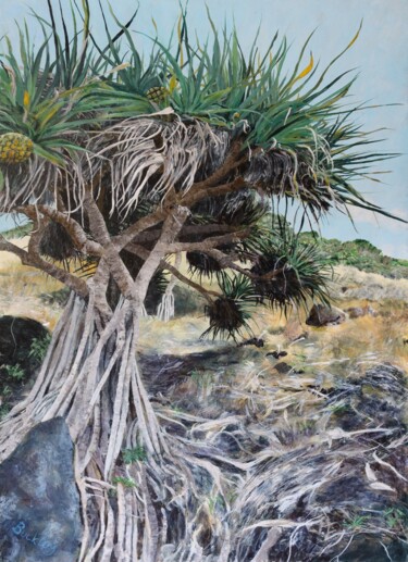 Painting titled "Spiky Pandanus" by Brett Buckley, Original Artwork, Acrylic Mounted on Wood Panel