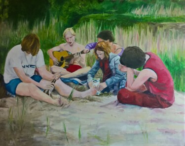 Painting titled "Friends sitting on…" by Jérémy Thai Brèthes, Original Artwork, Oil Mounted on Wood Stretcher frame