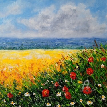 Painting titled "Summer Flowers" by Brice Rota, Original Artwork, Oil Mounted on Wood Stretcher frame