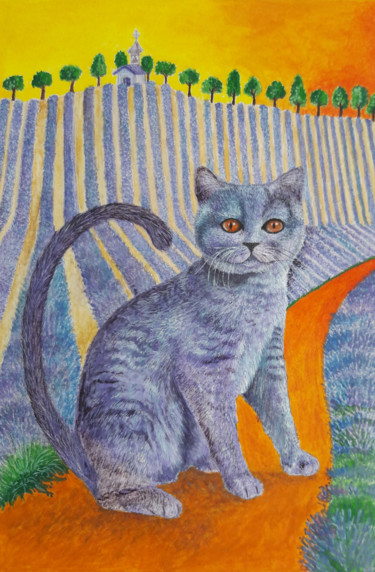 Painting titled "Cat lavender.jpg" by Dana Brideová, Original Artwork, Gouache