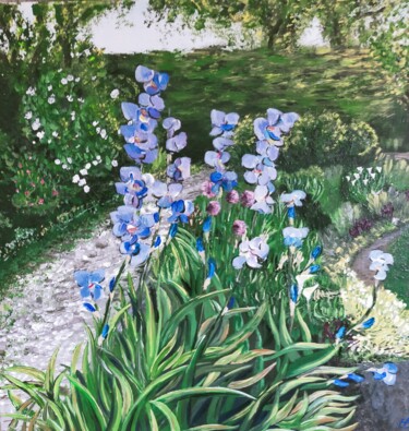 Painting titled "Les Iris bleus" by Hubert Bridoux, Original Artwork, Acrylic
