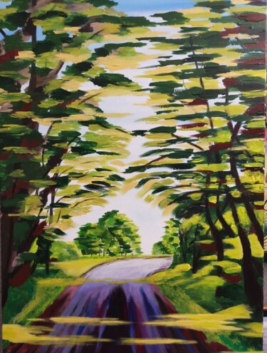 Painting titled "La route sous les a…" by Hubert Bridoux, Original Artwork, Acrylic Mounted on Wood Stretcher frame