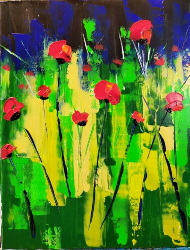 Painting titled "Coquelicots 2" by Hubert Bridoux, Original Artwork, Acrylic Mounted on Wood Stretcher frame