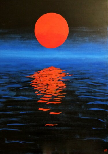 Painting titled "Lune rouge" by Hubert Bridoux, Original Artwork, Acrylic Mounted on Wood Stretcher frame