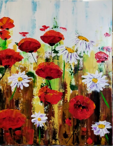 Painting titled "Coquelicots et marg…" by Hubert Bridoux, Original Artwork, Acrylic Mounted on Wood Stretcher frame