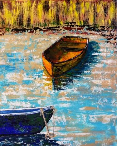 Pintura intitulada "Barques dans le mar…" por Hubert Bridoux, Obras de arte originais, Acrílico