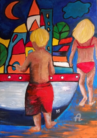 Peinture intitulée "Mer, enfants à la p…" par Brigi'Art, Œuvre d'art originale, Acrylique