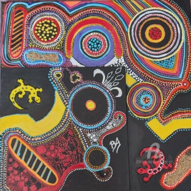 Malarstwo zatytułowany „Aborigène 2” autorstwa Brigi'Art, Oryginalna praca, Akryl Zamontowany na Drewniana rama noszy