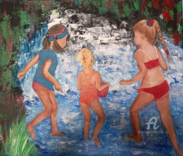 Painting titled "Les filles en maill…" by Brigi'Art, Original Artwork, Acrylic Mounted on Wood Stretcher frame