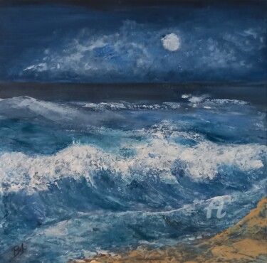 Painting titled "Mer, Vague bleue" by Brigi'Art, Original Artwork, Oil Mounted on Wood Stretcher frame