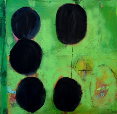 Malerei mit dem Titel "Cinq cercles noirs" von Brigite Oury, Original-Kunstwerk, Acryl