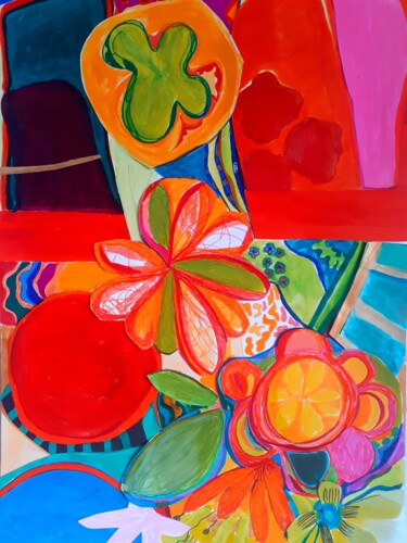 Collages intitulée "fleurs et cercle ro…" par Brigite Oury, Œuvre d'art originale, Marqueur