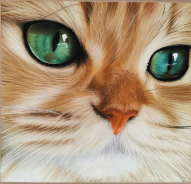 Drawing titled "Green eyes cat" by Brigitta Lukács, Original Artwork, Pastel